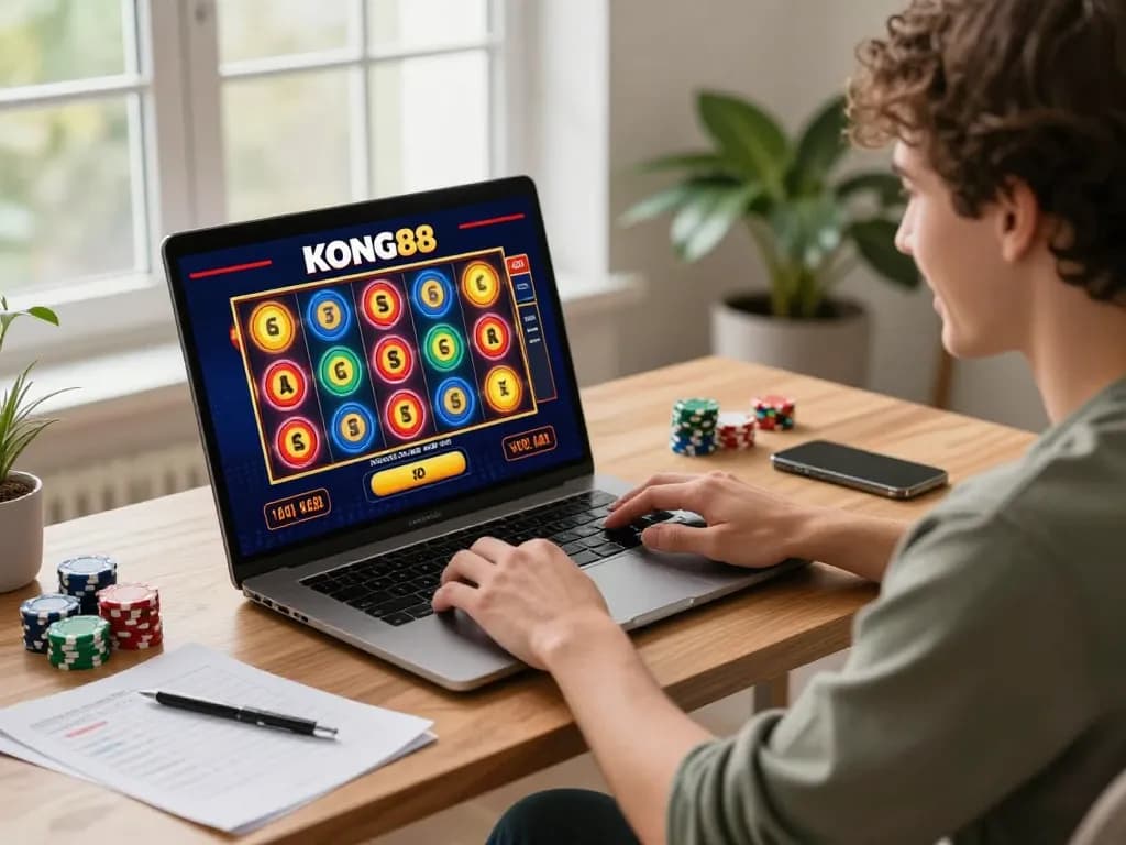 KONG88 online gaming scene showcasing a player engaged in slot gameplay at home.