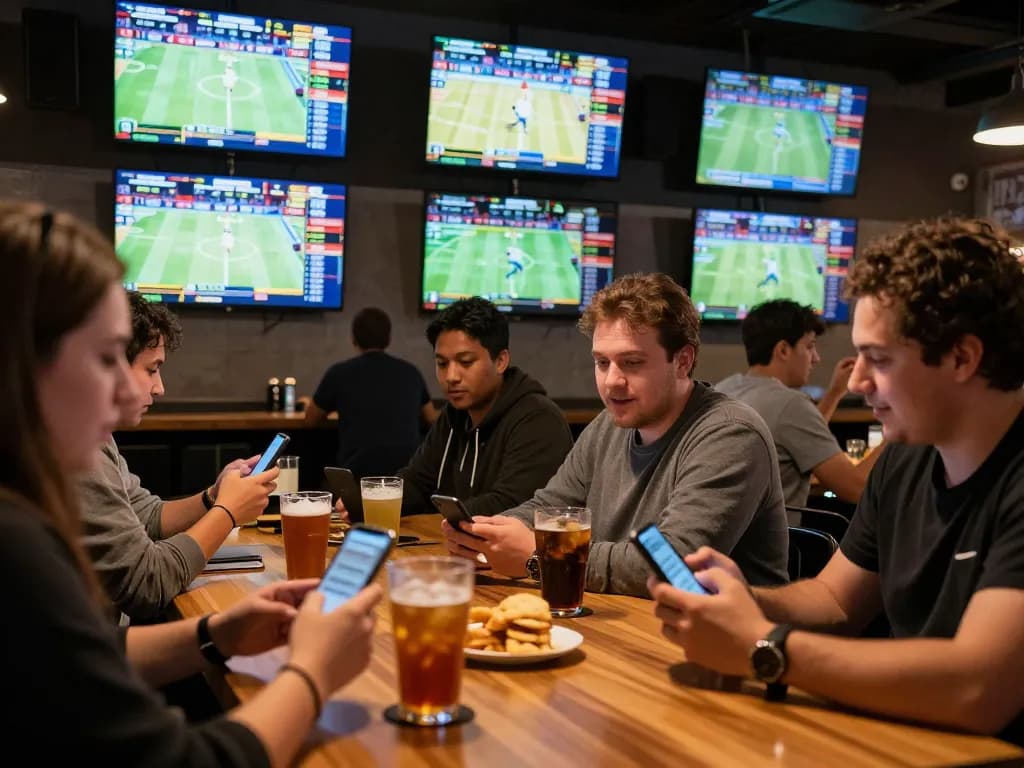 Patrons engaging in sports betting at a lively bar while enjoying drinks, showcasing au88's vibrant atmosphere