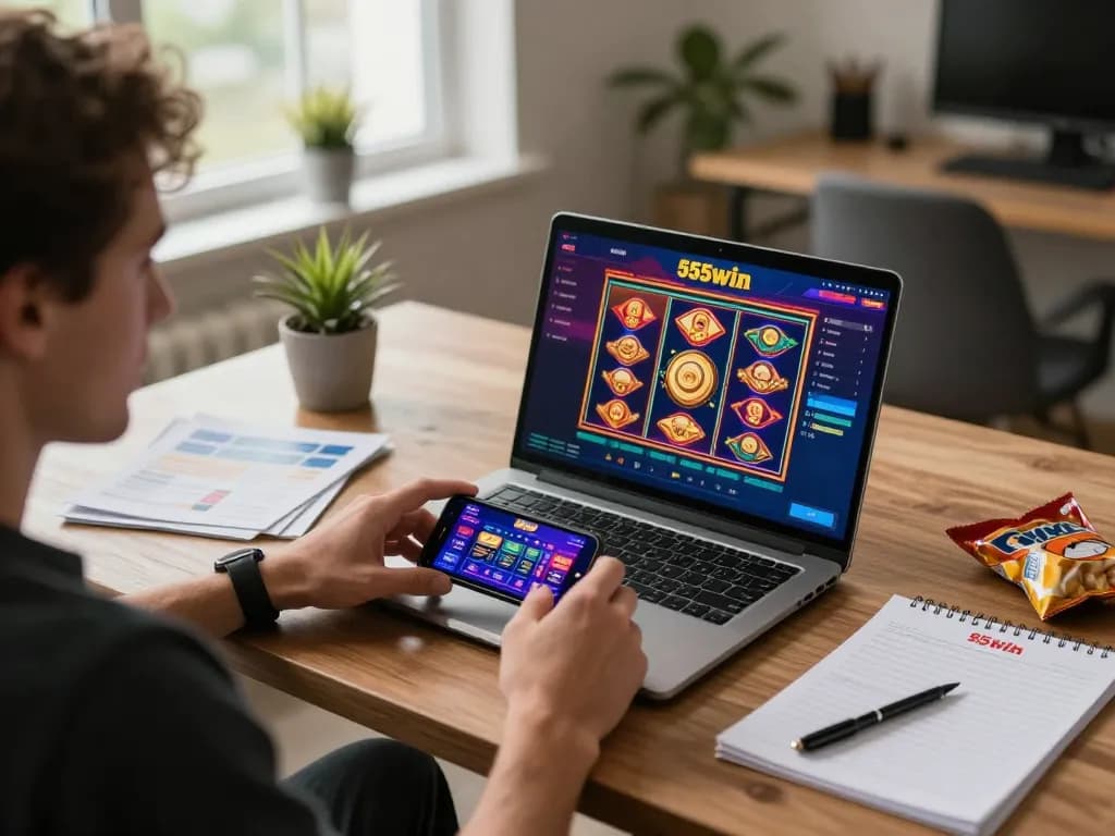 Player enjoying thrilling 555win slot games on a modern laptop and smartphone in a cozy home office.
