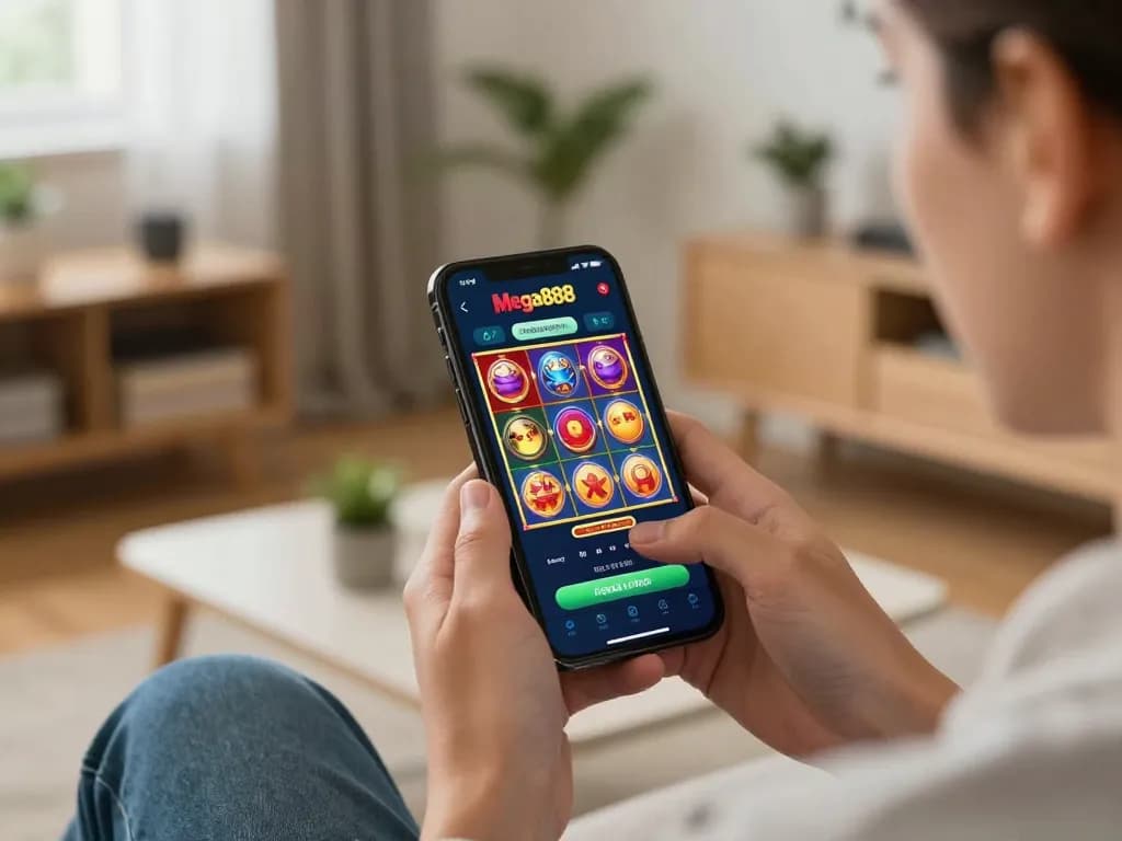 Mega888 iOS app in action featuring vibrant slot games, showcasing a fun mobile gambling experience.