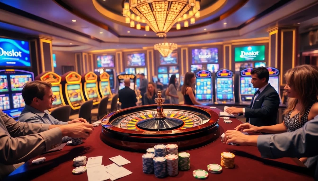 Experience the thrill of online gambling with idnslot as players engage at a luxurious casino table.
