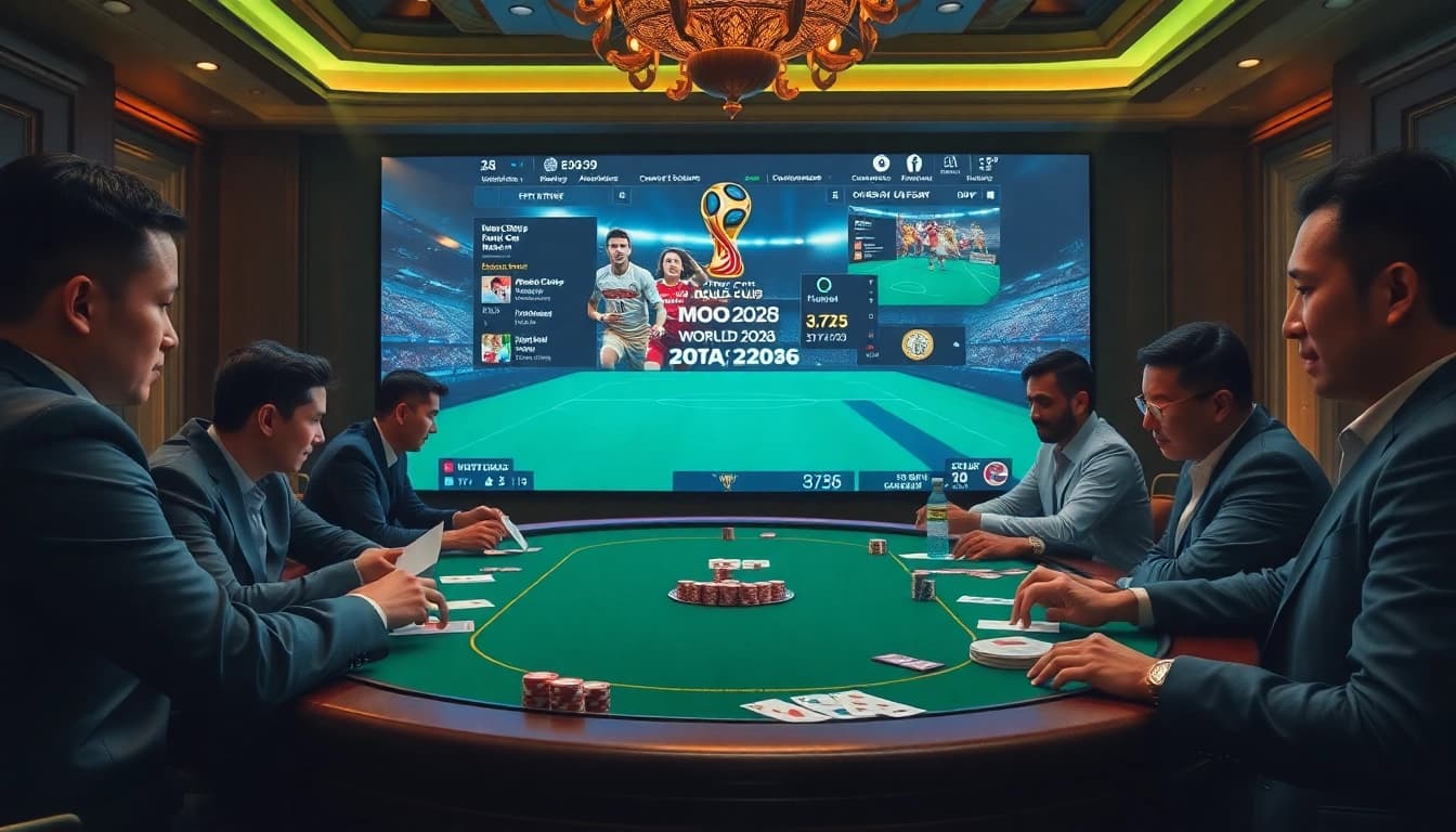 Exciting betting action on Situs Judi Bola Resmi featuring poker chips, betting slips, and sports scores.