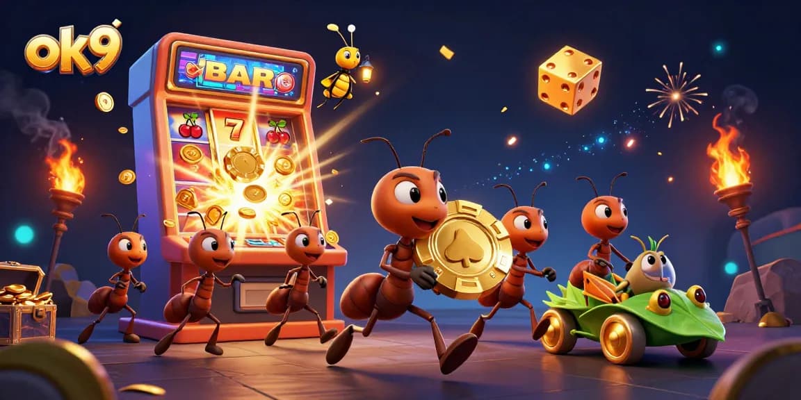 ok9's dynamic casino scene features ants heisting a golden chip surrounded by vibrant gaming elements.