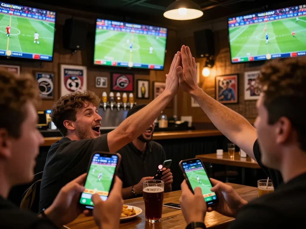 Cakhiatv users celebrating wins while betting on exciting football matches in a vibrant sports bar.
