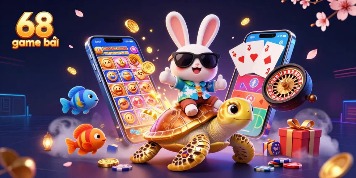 Play and win exciting games at 68 game bài, featuring a lucky rabbit and a golden turtle in a vibrant casino scene.
