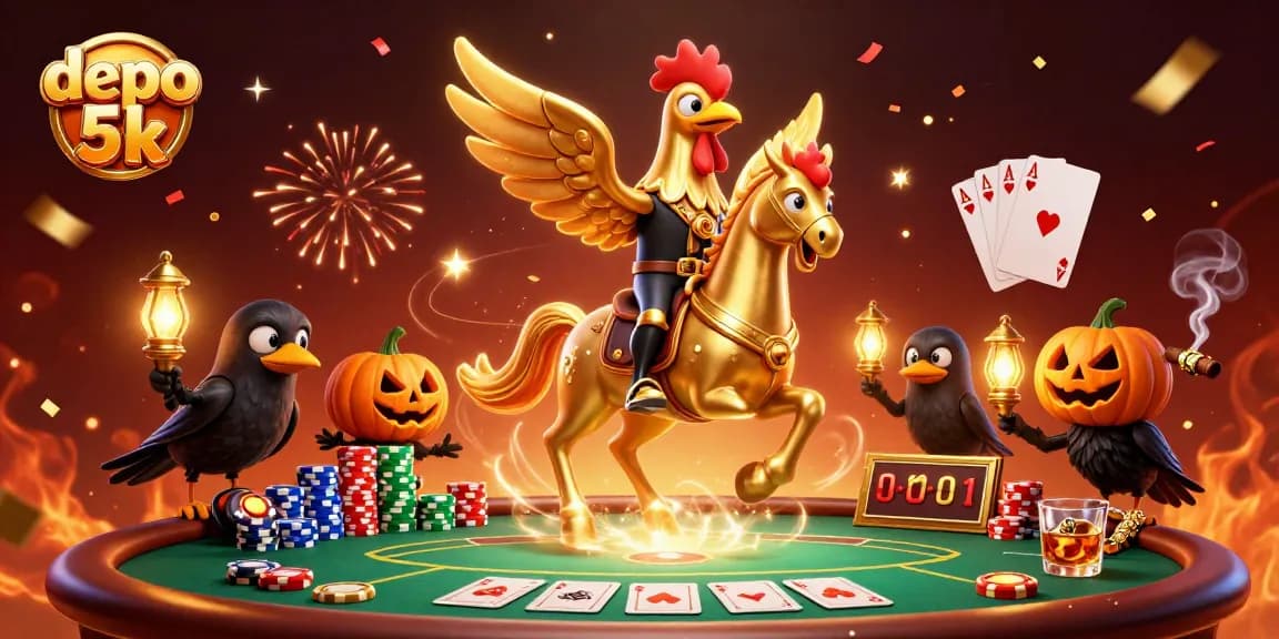 Experience the thrilling depo 5k action with golden rooster characters in lively casino setup.