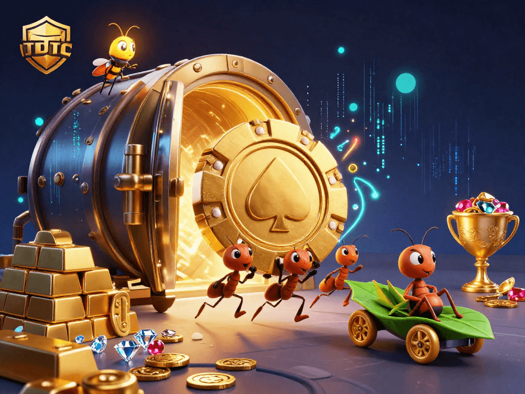 Stunning 3D illustration showcasing TDTC-themed ants on a heist with glowing poker chips and treasure.
