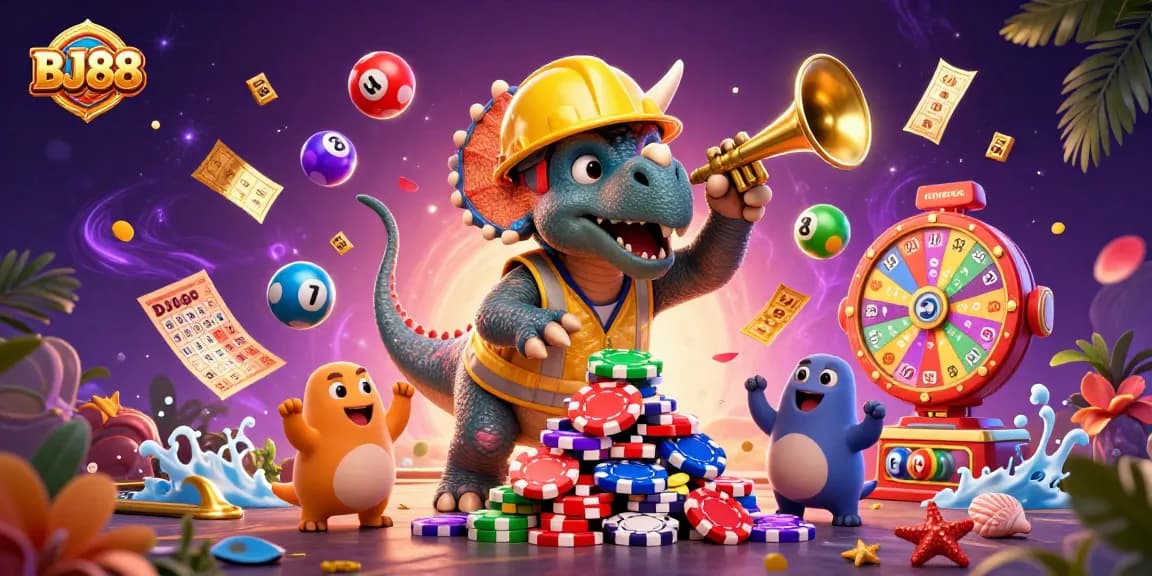 BJ88 offers an exciting casino atmosphere with a triceratops building poker chip pyramids and colorful lottery elements.