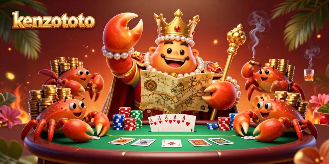Kenzototo captivates players with a golden crab emperor in a lavish poker scene, promising excitement and wealth.