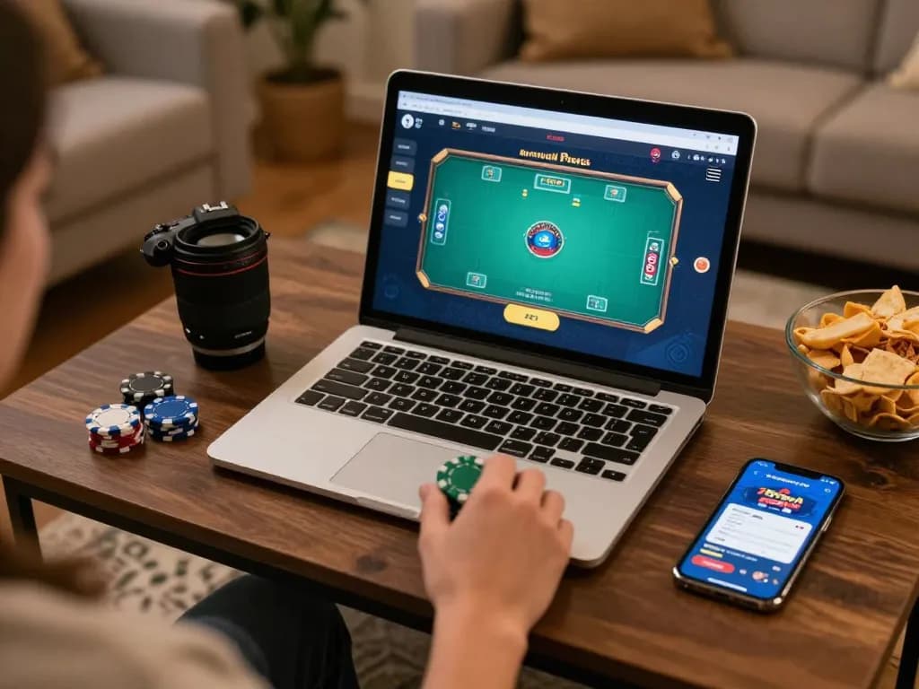 Engaging with 789win app on a laptop during an exciting online poker game.