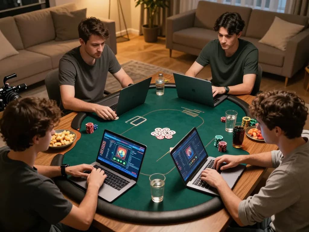 Pemain Bintangmpo merumuskan strategi selama permainan poker online yang mendebarkan di rumah, menampilkan suasana yang ramah.