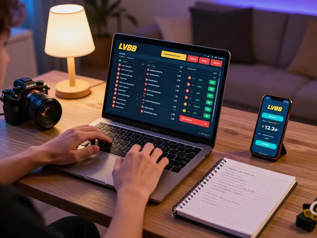 Person engaged in sports betting on LV88 through a laptop, illustrating modern online gaming.