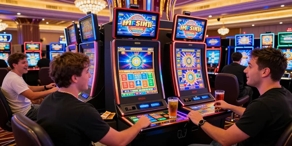 High-energy gameplay scene at credit card casinos featured on pavilions.org.uk, showcasing vibrant slot machines and excited players.