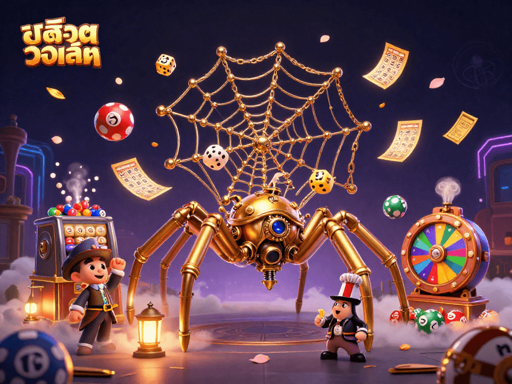 Experience สล็อตวอเลท with dynamic gameplay featuring golden spider and lively lottery elements.