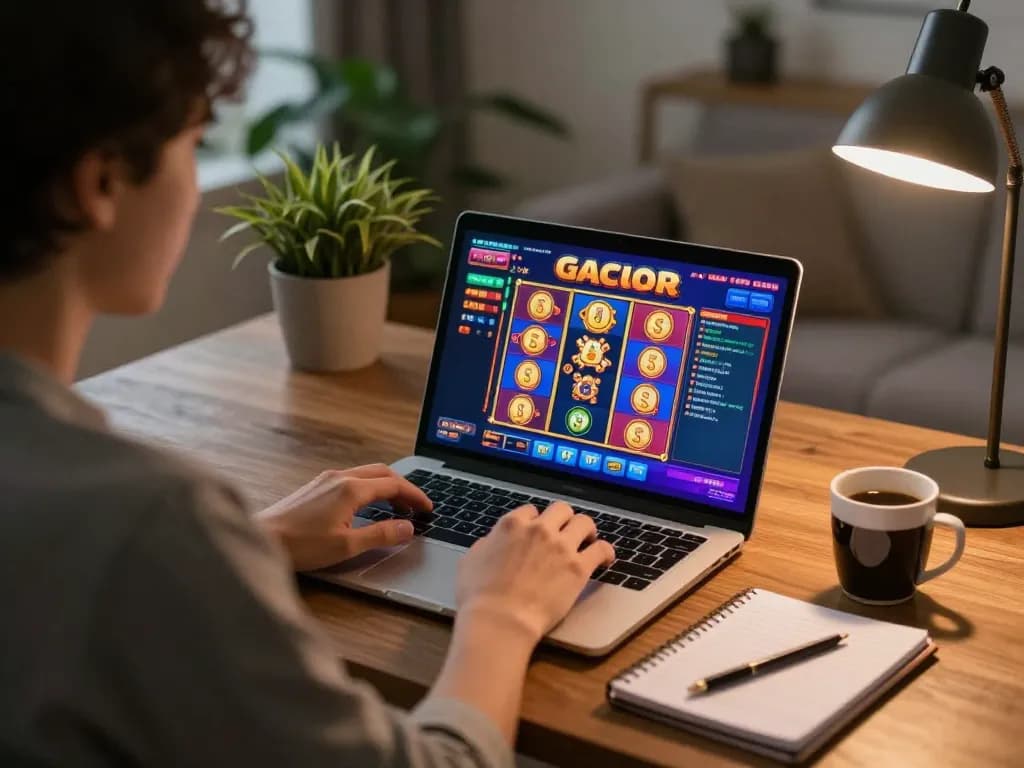 Engaging online slot gacor gameplay in a cozy home office setting with strategy notes.
