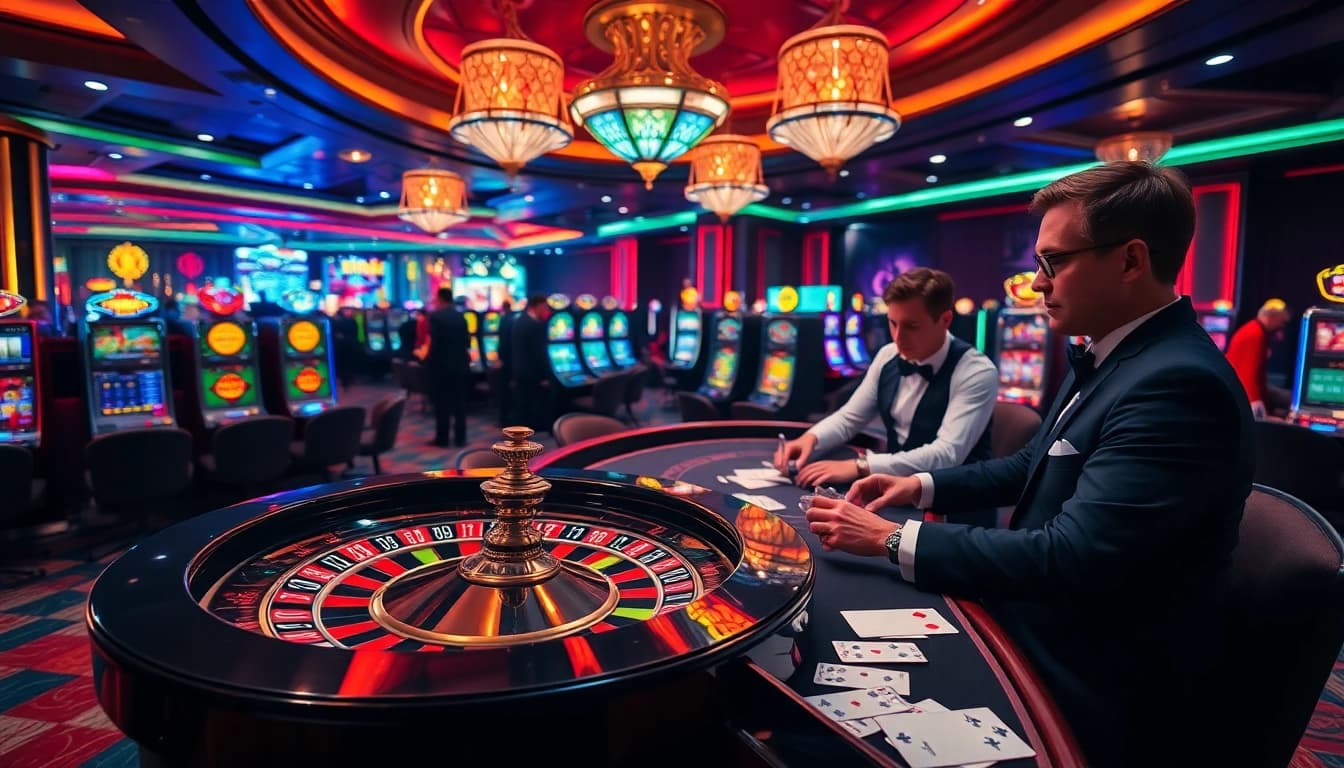 SODO CASINO players enjoying a thrilling blackjack game with vibrant neon lights and glamorous decor.