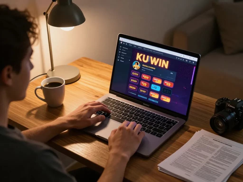 Kuwin user enjoying online casino games on a laptop, showcasing strategic gameplay in a cozy home setting.