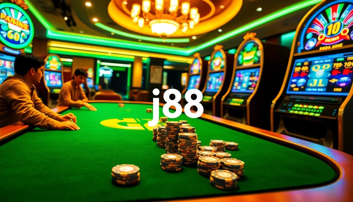 Engaging scene at a casino showcasing j88 poker tables and vibrant slot machines, capturing thrilling gambling atmosphere.