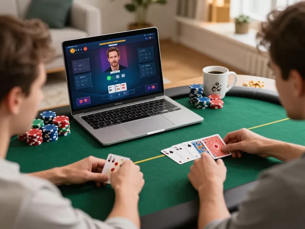 Players enjoying nk88 online poker with cards and chips in a cozy home setting