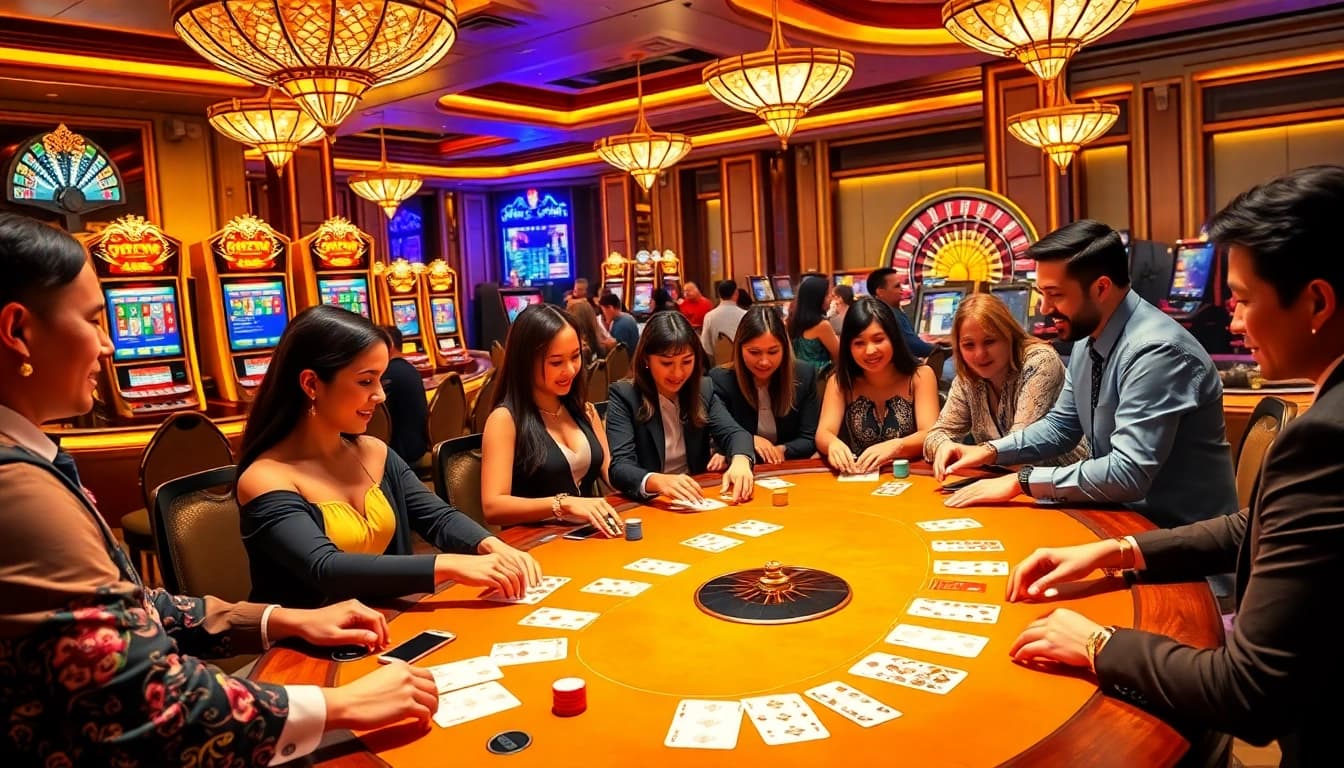 Experience the thrill of game đánh bài đổi thưởng with players enjoying a vibrant casino atmosphere filled with excitement.