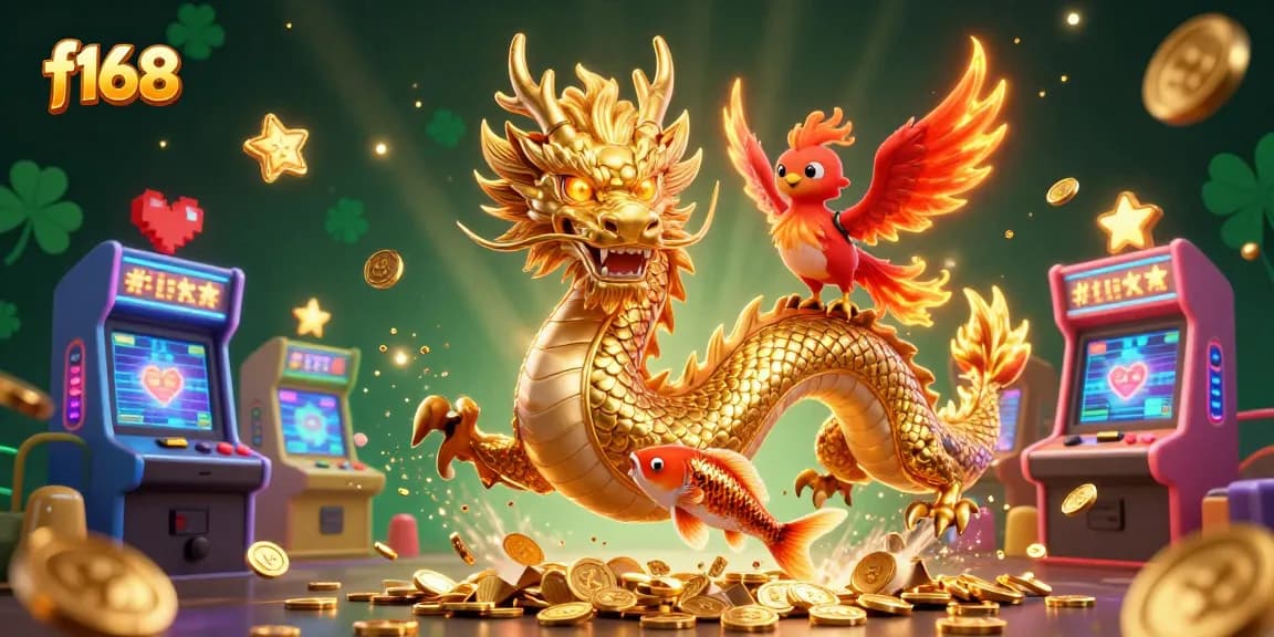 Experience the thrill of f168 with a dynamic casino scene featuring a golden dragon, phoenix, and koi fish amidst arcade machines.