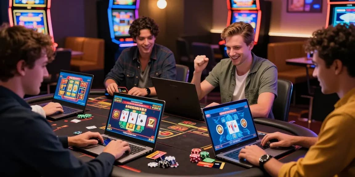 Exciting gaming experience at credit card deposit casinos with diverse players engaging on laptops, colorful game visuals.