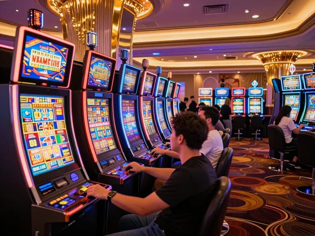 Pemain menikmati mesin slot Gsc108 yang berwarna-warni di suasana kasino yang mengasyikkan