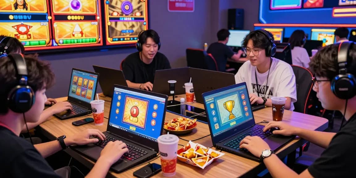 Cipung138 platform dengan pemain slot yang antusias, grafik permainan berwarna-warni, suasana penuh semangat.