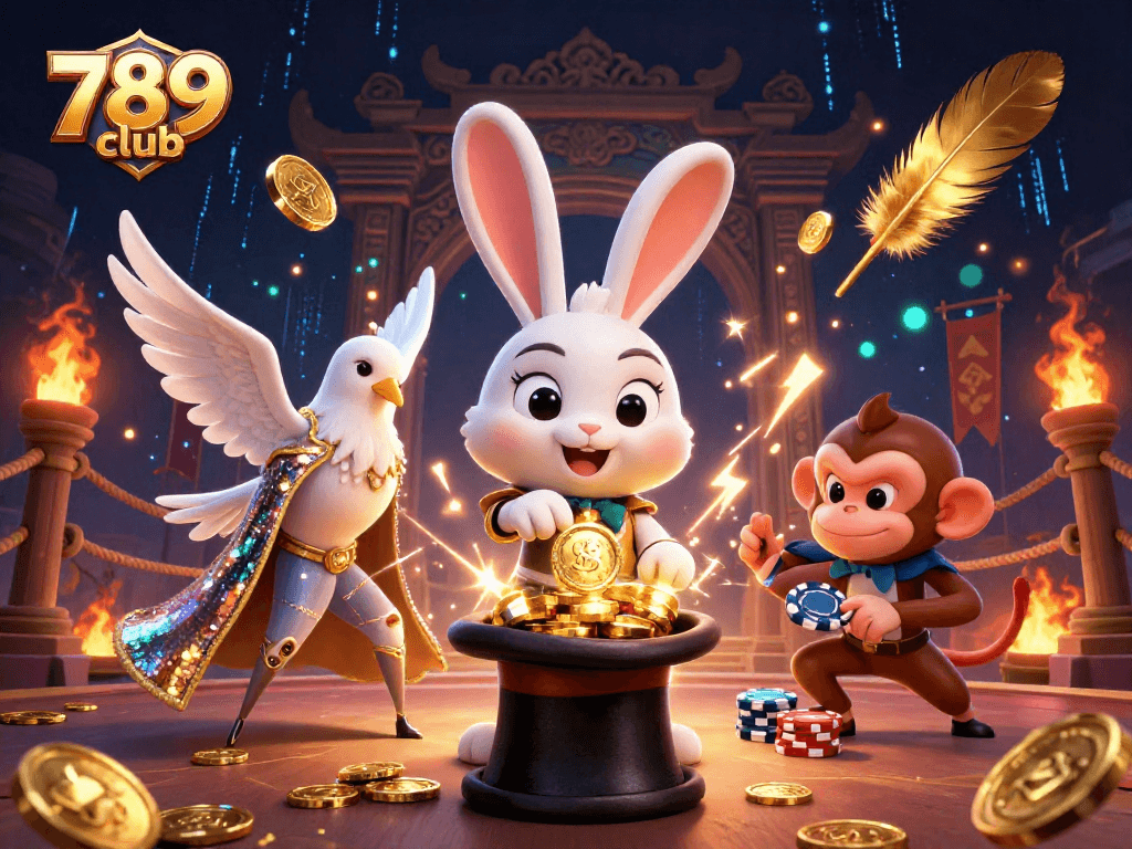 Engage with 789 club's colorful casino experience, featuring a magician rabbit, a dove, and a monkey.