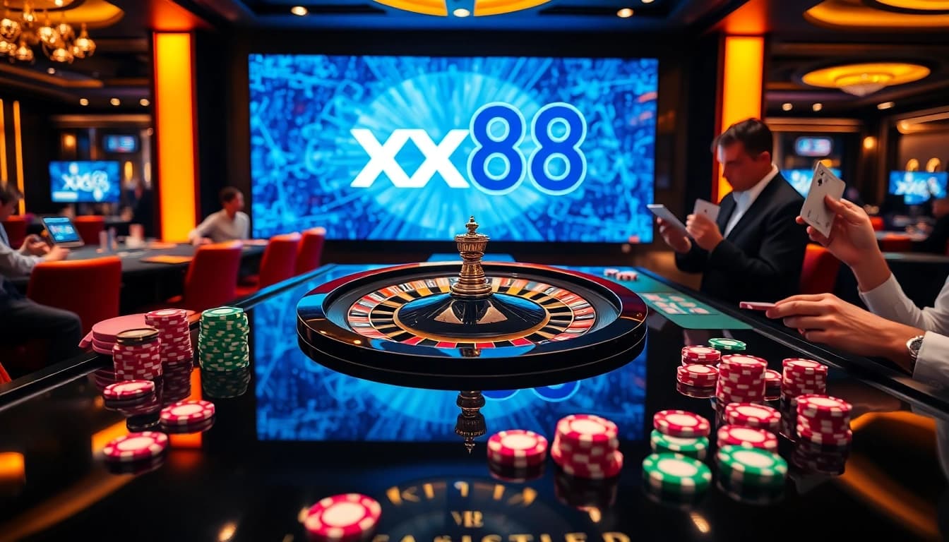 Experience the thrill of xx88 with vibrant casino tables and spinning roulette wheels.