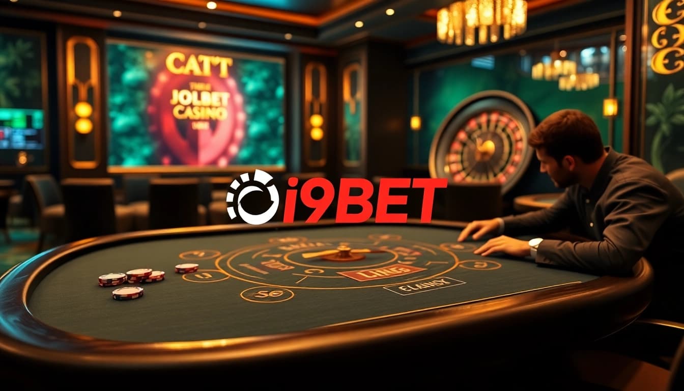 Experience the thrill of i9bet with an exciting casino scene featuring poker chips and a spinning roulette wheel.