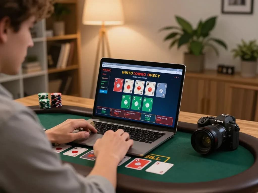 Person engaging in strategic gameplay at nhà cái cm88 online casino using laptop in cozy setting.