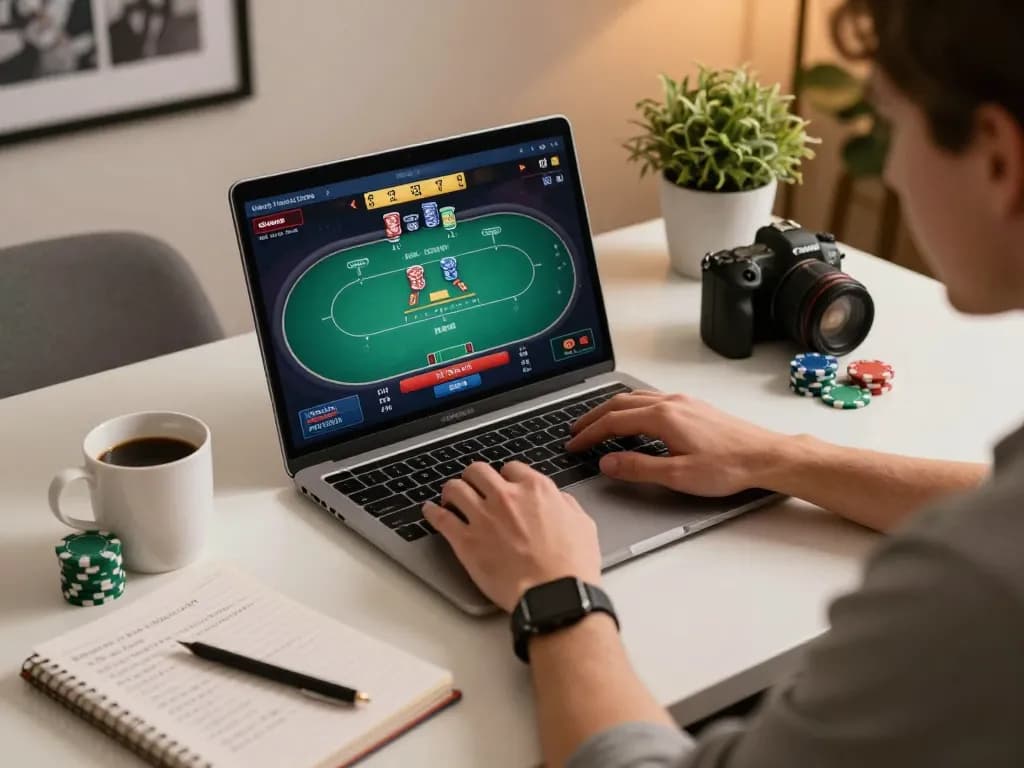 SIN 88 online poker gameplay strategy session with laptop and betting chips.