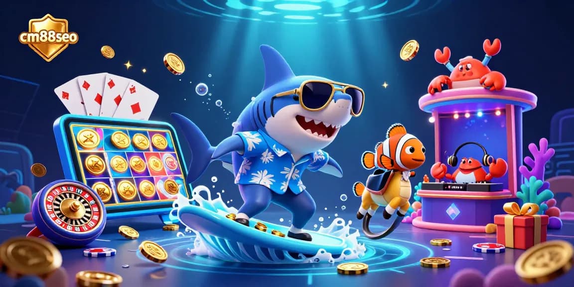 Spin and win at cm88seo with a vibrant casino-themed 3D illustration featuring lively sea characters.