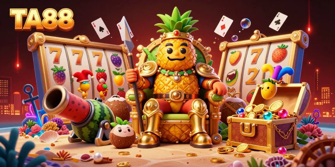 Engage with TA88's vibrant casino scene showcasing a golden pineapple king and immersive game elements.