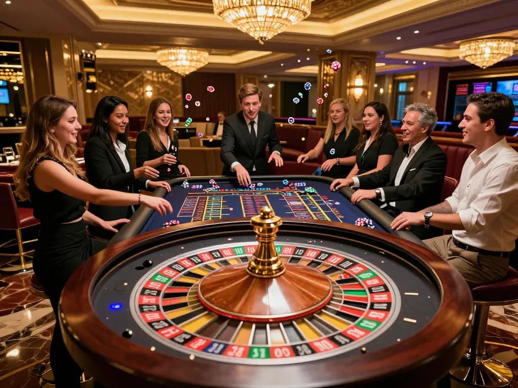 Players engaging with the roulette table at Fabet casino, showcasing dynamic betting excitement.