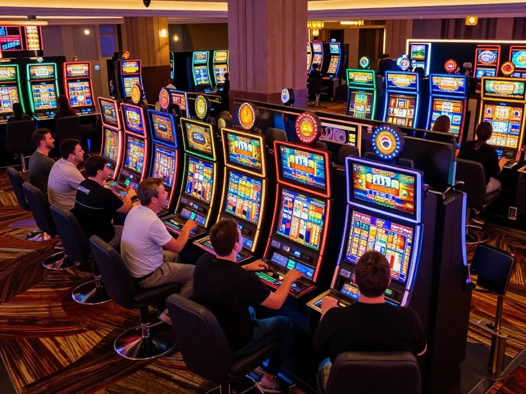 Players enjoying the excitement of slot machines at 789win casino, showcasing vibrant atmosphere and engaging gameplay