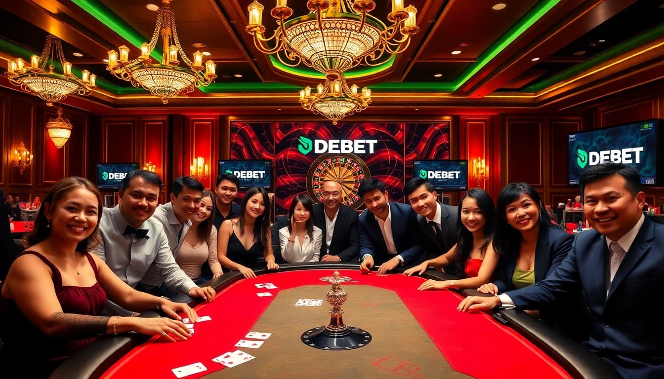 Cổng Game DEBET offers thrilling poker gameplay in a luxurious casino setting with rich colors and professional atmosphere.