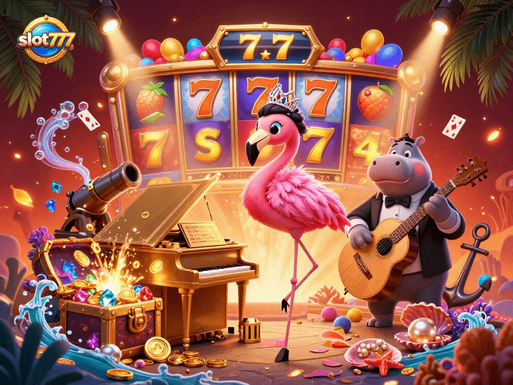 Experience thrilling wins with slot777 alongside vibrant imagery of a flamingo and hippo bass guitarist.