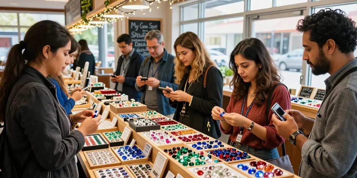 Explore a vibrant gemstone marketplace at My Gem Spot, showcasing stunning gems and engaged shoppers.