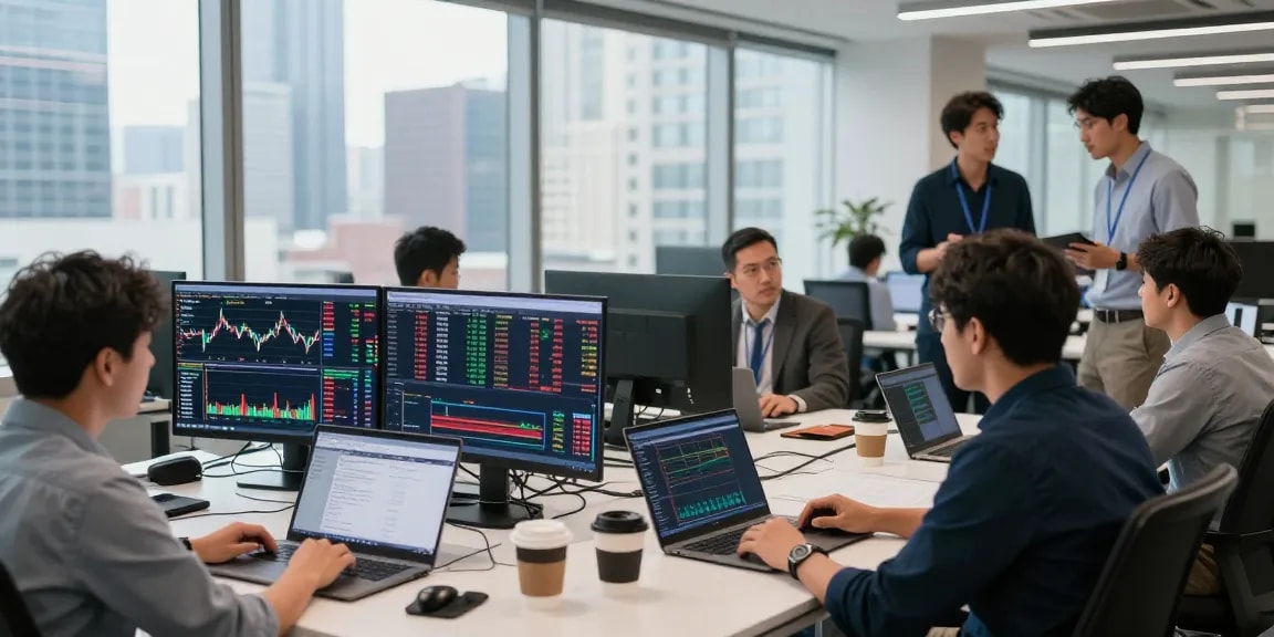 Analisis mendalam kakakjudi dengan tim trader di kantor modern.