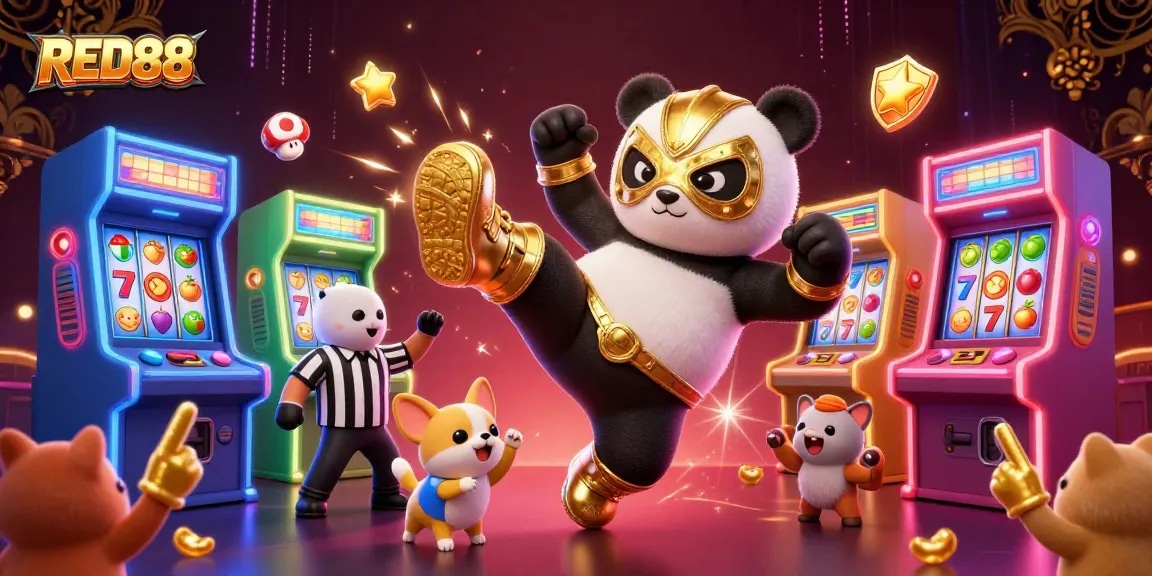 Join the excitement with RED88 as a panda wrestler kicks while chihuahua referee counts amid casino elements.
