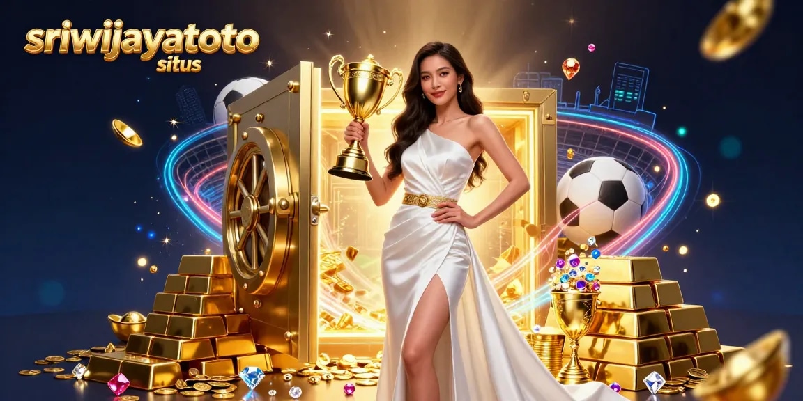 Bet on the sriwijayatoto situs as an Asian woman celebrates victory with trophies and sports betting elements.