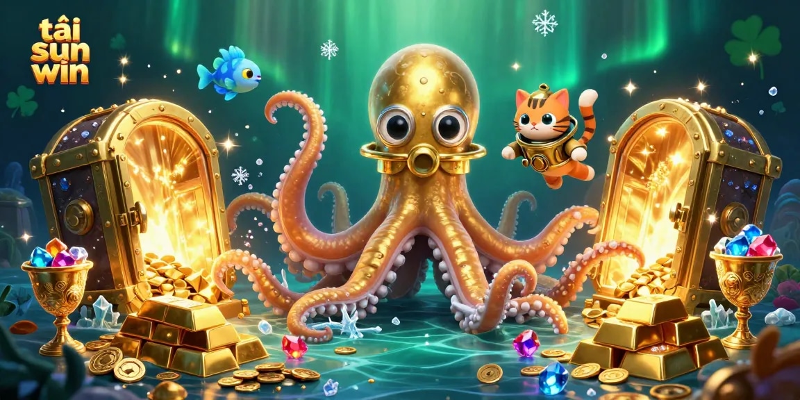 Play and win with tải sun win as you encounter a treasure scene with a kraken and diving cat.