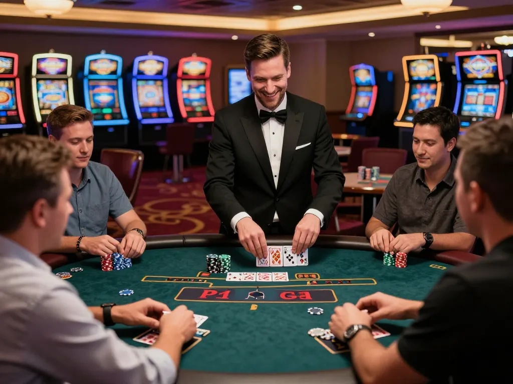Players engaging in a thrilling MM88 blackjack game, dealer dealing cards amidst excitement.