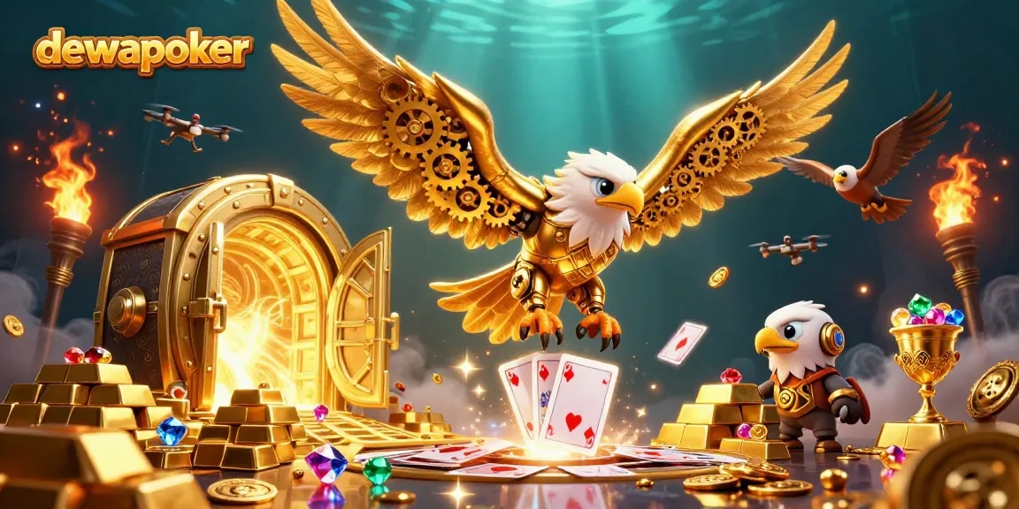 Dewapoker membawa keberuntungan dengan ilustrasi 3D elang cybernetic meluncur di antara kartu, harta emas, dan efek yang spektakuler.