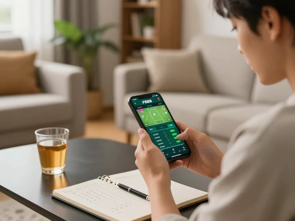 Engaged player using the FB88 app on a smartphone for live sports betting in a cozy home setting.