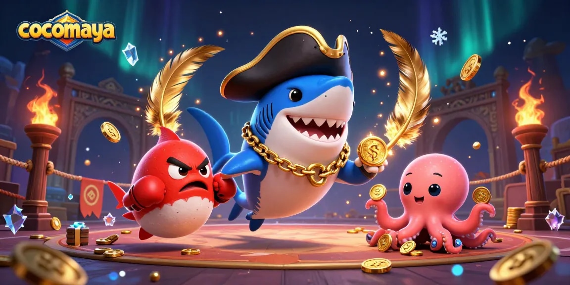 Engaging illustration of cocomaya's cartoon pirate shark and friends winning in a dynamic casino setting.