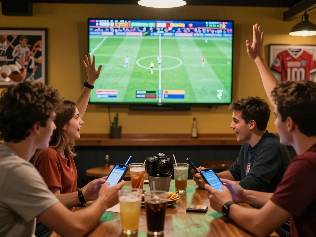 Excited sports fans engaging in kèo bóng đá betting at a lively bar during a match.