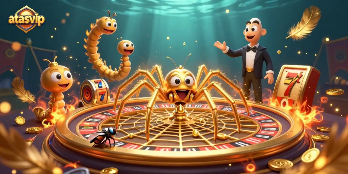 Place bets at atasvip as a golden spider spins a roulette web filled with tokens.